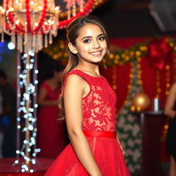 A stunning girl elegantly dressed in a vibrant red dress, capturing the essence of a lively party atmosphere