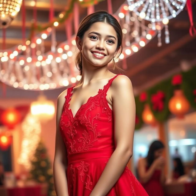 A stunning girl elegantly dressed in a vibrant red dress, capturing the essence of a lively party atmosphere