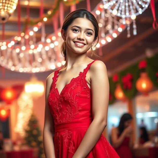 A stunning girl elegantly dressed in a vibrant red dress, capturing the essence of a lively party atmosphere