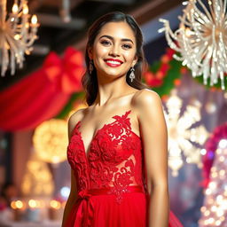 A stunning girl elegantly dressed in a vibrant red dress, capturing the essence of a lively party atmosphere