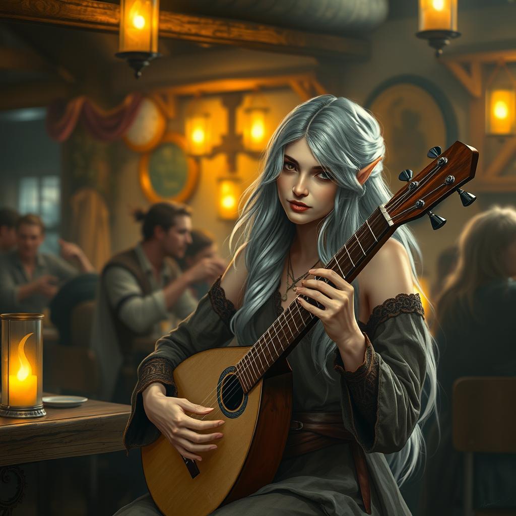 A beautiful and slender elven woman with shimmering silver hair, playing the lute in a lively tavern setting