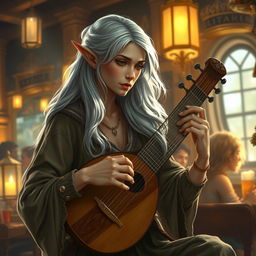 A beautiful and slender elven woman with shimmering silver hair, playing the lute in a lively tavern setting