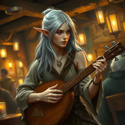 A beautiful and slender elven woman with shimmering silver hair, playing the lute in a lively tavern setting