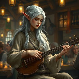 A beautiful and slender elven woman with shimmering silver hair, playing the lute in a lively tavern setting