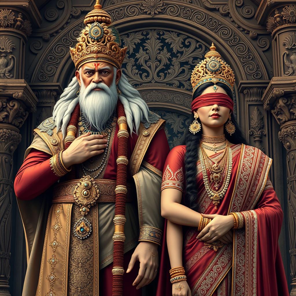 A regal and stoic portrayal of Drestarasta and Gandari, showcasing their noble stature and traditional attire