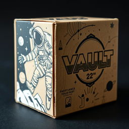 A creatively crafted cardboard box featuring an astronaut design and the title "VAULT"