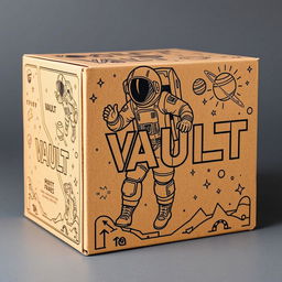 A creatively crafted cardboard box featuring an astronaut design and the title "VAULT"