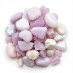 A pile of Lepidolite crystals, featuring both polished and raw forms, elegantly displayed on a pristine white backdrop