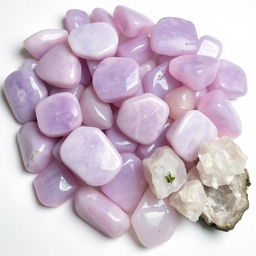 A pile of Lepidolite crystals, featuring both polished and raw forms, elegantly displayed on a pristine white backdrop