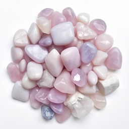 A pile of Lepidolite crystals, featuring both polished and raw forms, elegantly displayed on a pristine white backdrop