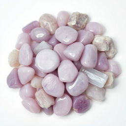 A pile of Lepidolite crystals, featuring both polished and raw forms, elegantly displayed on a pristine white backdrop