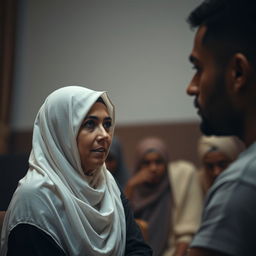 A poignant and culturally sensitive scene depicting the divorce proceedings of a woman wearing a hijab from a tall, thin, brown-skinned man