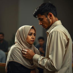 A poignant and culturally sensitive scene depicting the divorce proceedings of a woman wearing a hijab from a tall, thin, brown-skinned man