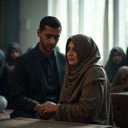 A poignant and culturally sensitive scene depicting the divorce proceedings of a woman wearing a hijab from a tall, thin, brown-skinned man