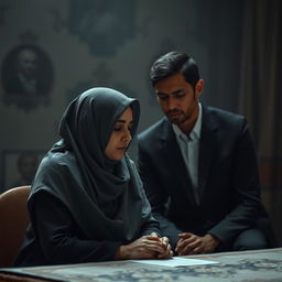 A poignant and culturally sensitive scene depicting the divorce proceedings of a woman wearing a hijab from a tall, thin, brown-skinned man