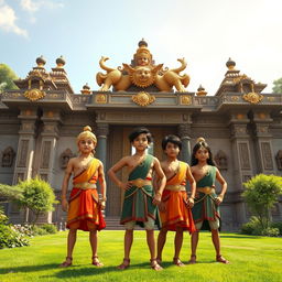 Teenage Pandavas standing confidently in front of the majestic gates of Hastinapura from the epic Mahabharata