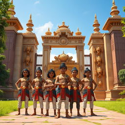 Teenage Pandavas standing confidently in front of the majestic gates of Hastinapura from the epic Mahabharata