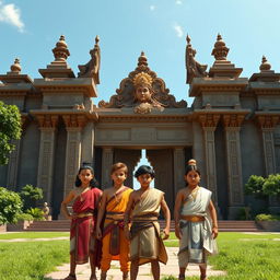 Teenage Pandavas standing confidently in front of the majestic gates of Hastinapura from the epic Mahabharata