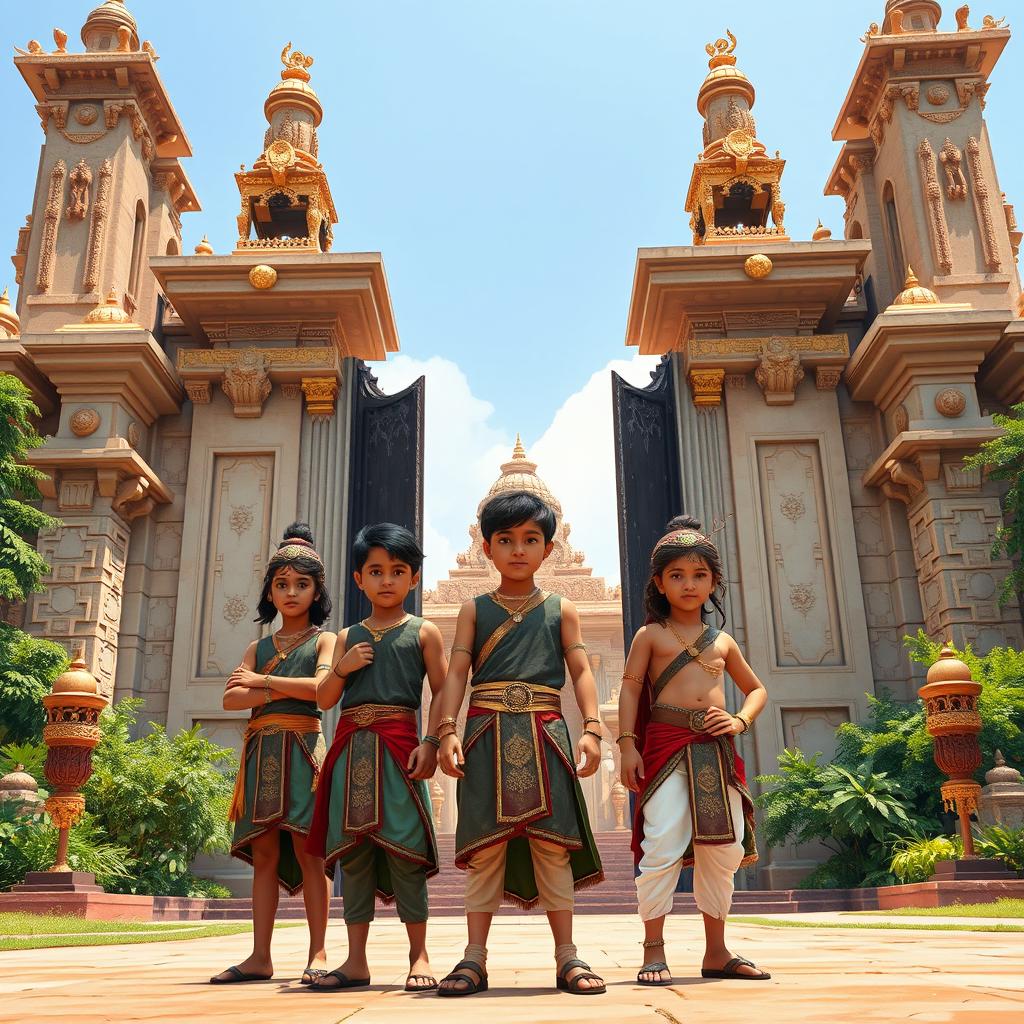 Teenage Pandavas standing confidently in front of the majestic gates of Hastinapura from the epic Mahabharata