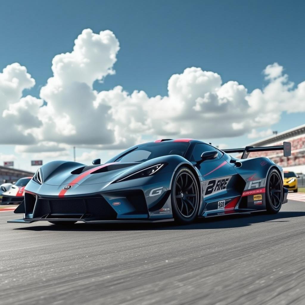 A sleek, futuristic race car at a racetrack under a partly cloudy sky