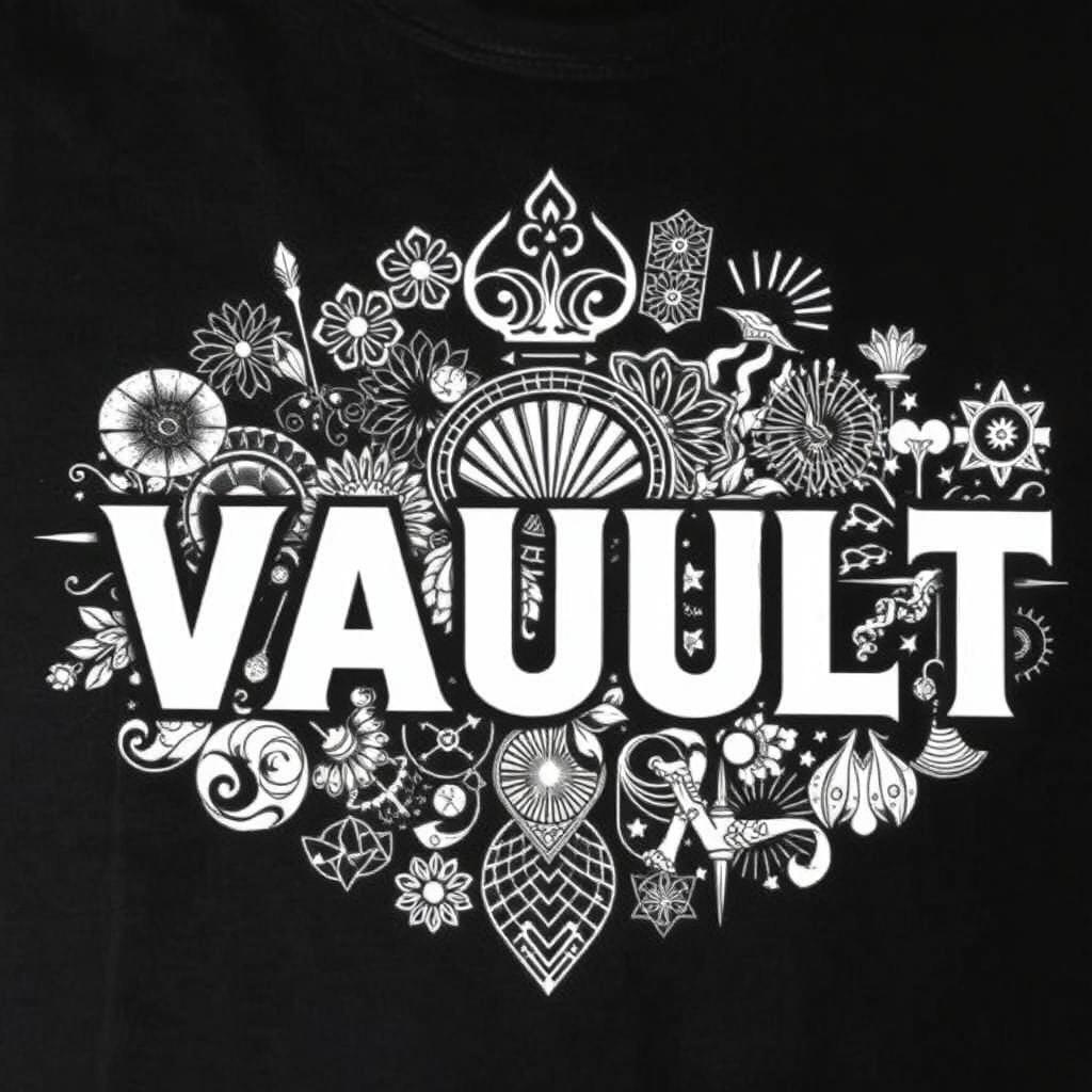 A black T-shirt design with the text "VAULT" prominently displayed