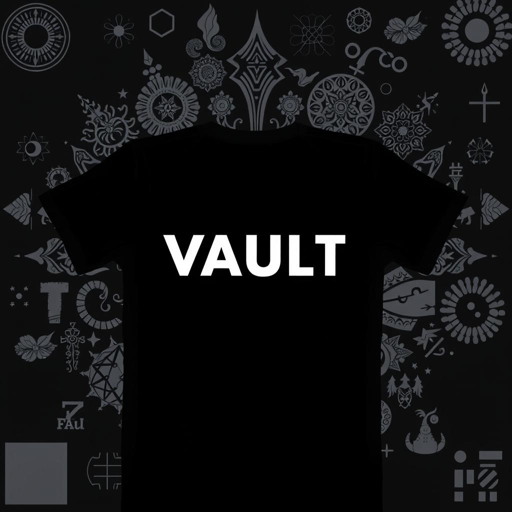 A black T-shirt design with the text "VAULT" prominently displayed