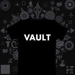 A black T-shirt design with the text "VAULT" prominently displayed