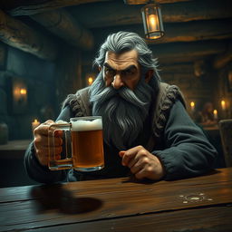 A bearded dwarf with streaks of gray in his hair, sitting alone at a wooden table in a dimly lit tavern