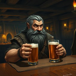 A bearded dwarf with streaks of gray in his hair, sitting alone at a wooden table in a dimly lit tavern