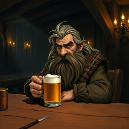 A bearded dwarf with streaks of gray in his hair, sitting alone at a wooden table in a dimly lit tavern