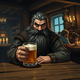 A bearded dwarf with streaks of gray in his hair, sitting alone at a wooden table in a dimly lit tavern