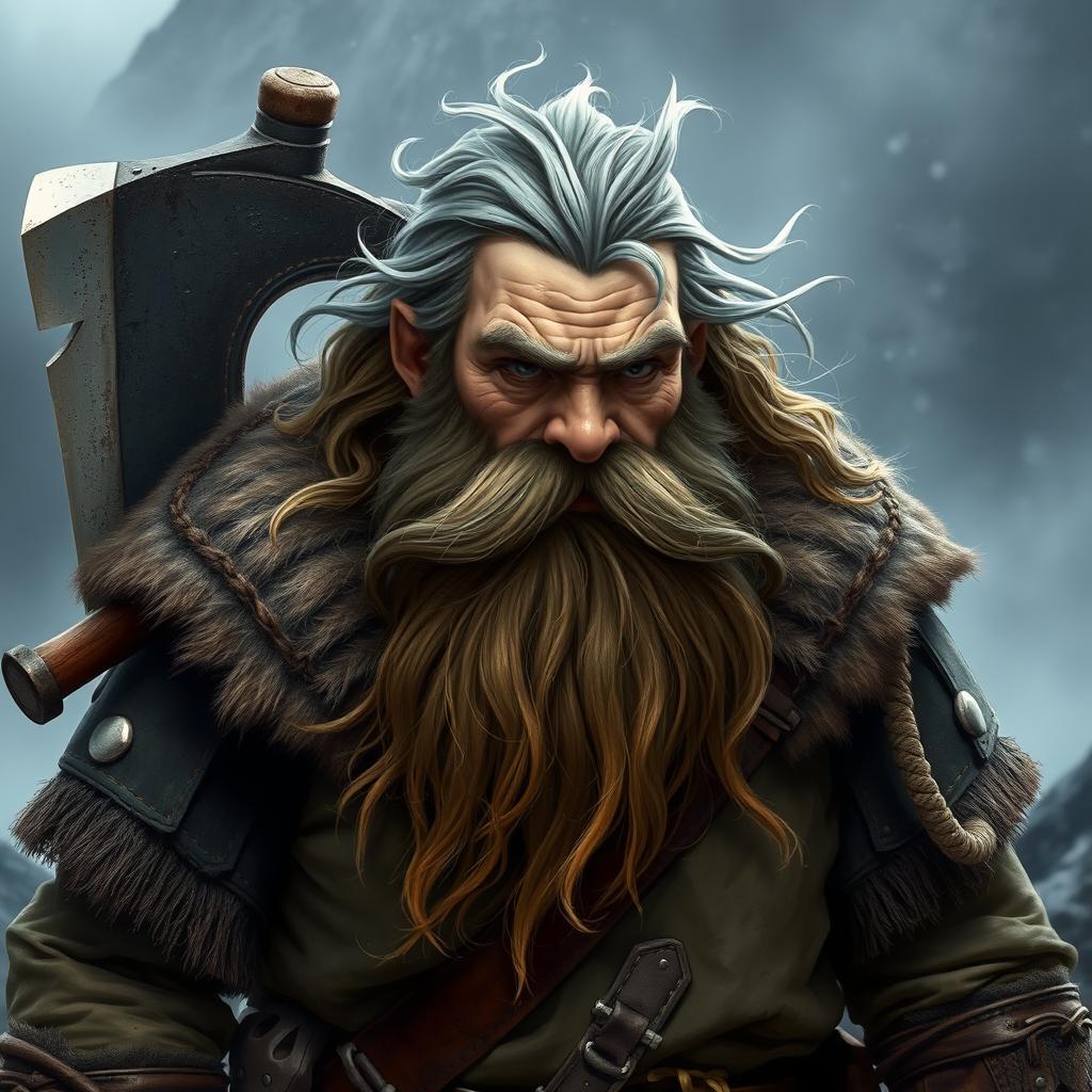 A bearded dwarf with streaks of gray in his hair, clad in rugged warrior clothing