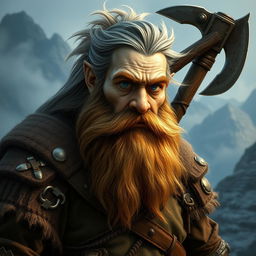 A bearded dwarf with streaks of gray in his hair, clad in rugged warrior clothing