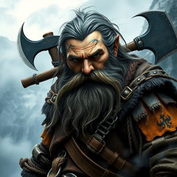 A bearded dwarf with streaks of gray in his hair, clad in rugged warrior clothing