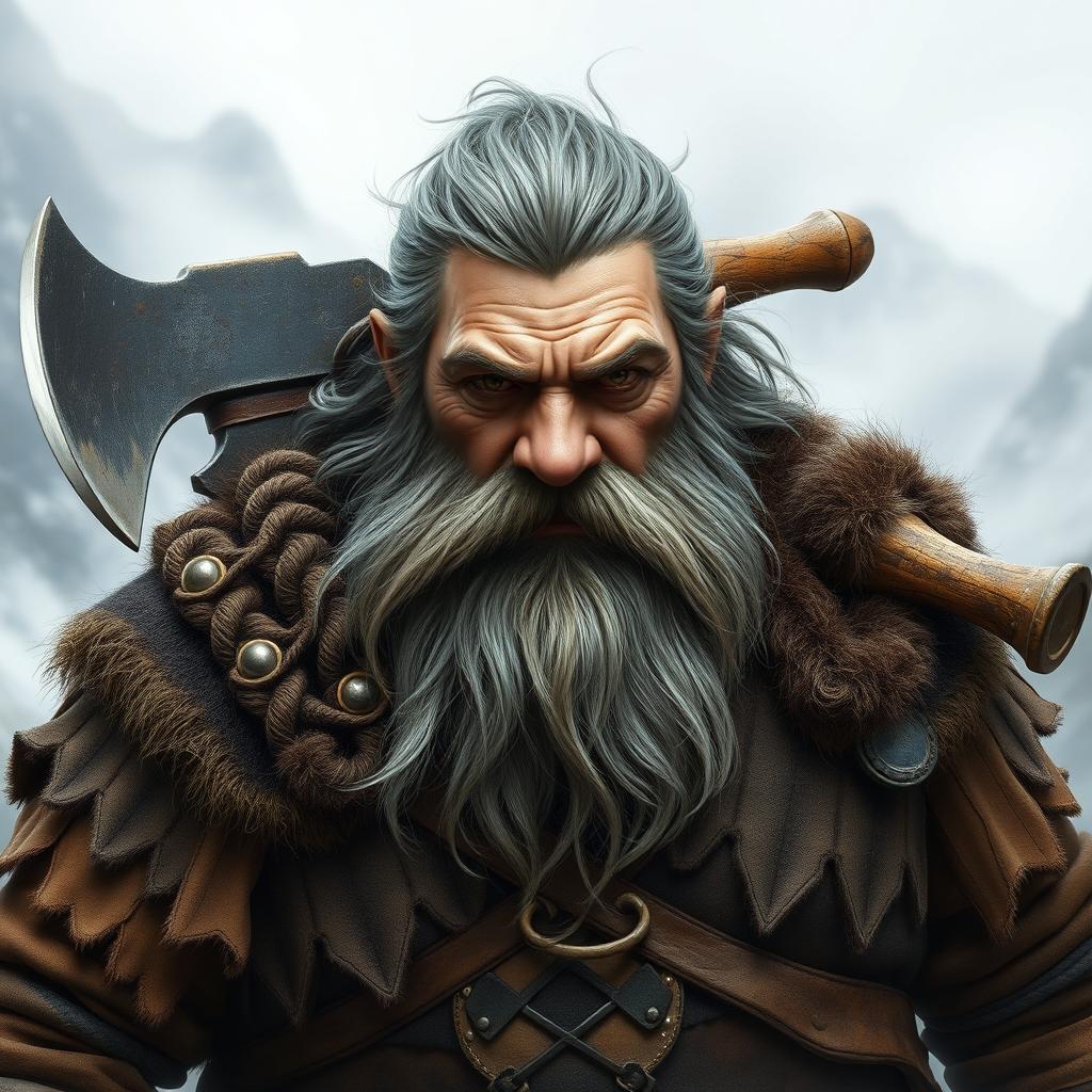 A bearded dwarf with streaks of gray in his hair, clad in rugged warrior clothing