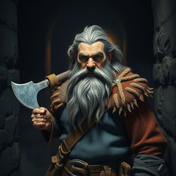 A bearded dwarf with streaks of gray in his hair, dressed in rugged warrior clothing, standing in a dark corridor