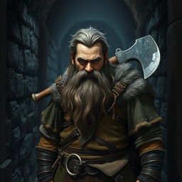 A bearded dwarf with streaks of gray in his hair, dressed in rugged warrior clothing, standing in a dark corridor