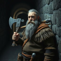 A bearded dwarf with streaks of gray in his hair, dressed in rugged warrior clothing, standing in a dark corridor