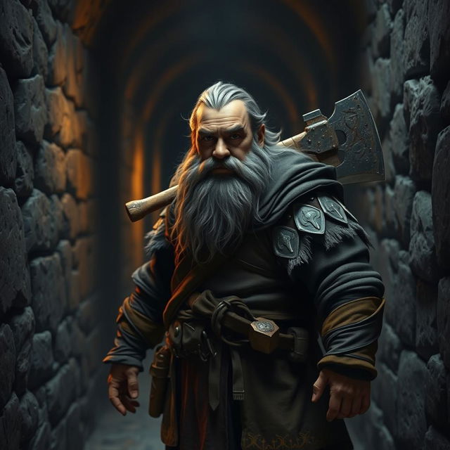 A bearded dwarf with streaks of gray in his hair, dressed in rugged warrior clothing, standing in a dark corridor