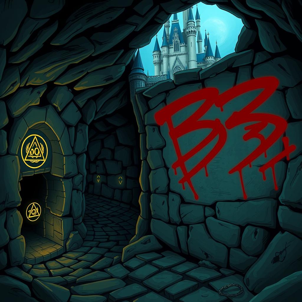 An intriguing illustration featuring secret tunnels beneath a mystical Disney-like castle