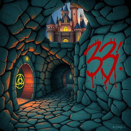 An intriguing illustration featuring secret tunnels beneath a mystical Disney-like castle