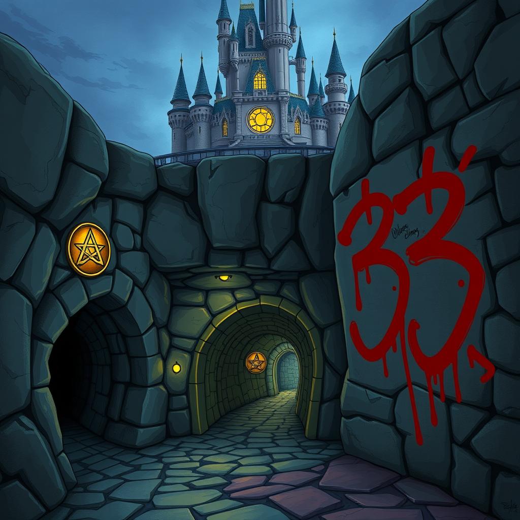 An intriguing illustration featuring secret tunnels beneath a mystical Disney-like castle