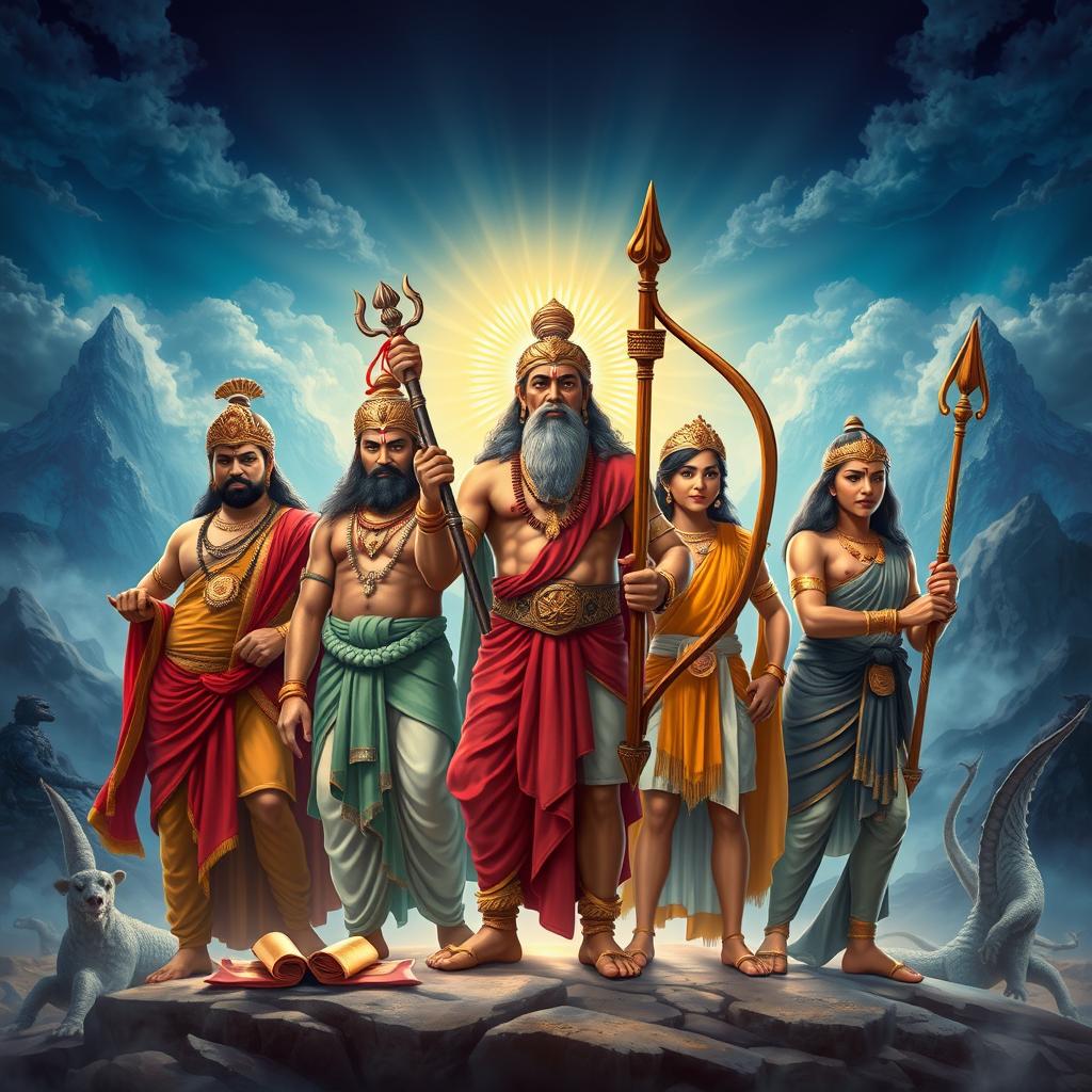 The five epic heroes of the Pandavas, depicted with valor and strength, set against a majestic and mystical background