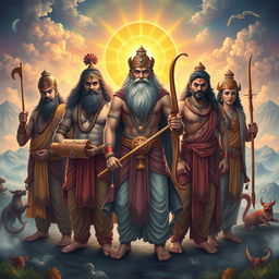 The five epic heroes of the Pandavas, depicted with valor and strength, set against a majestic and mystical background