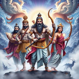 The five epic heroes of the Pandavas, depicted with valor and strength, set against a majestic and mystical background