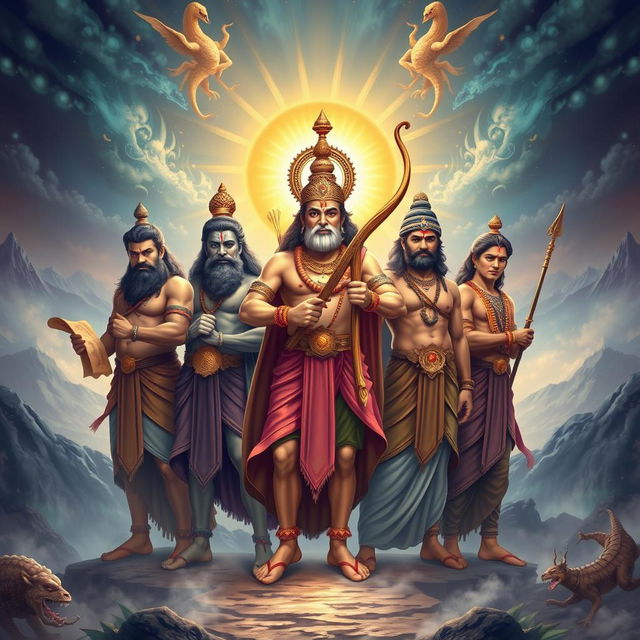 The five epic heroes of the Pandavas, depicted with valor and strength, set against a majestic and mystical background