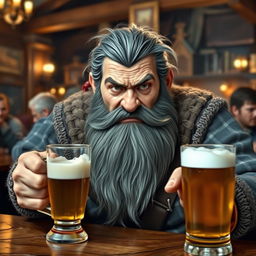 A bearded dwarf with streaks of gray in his hair, seated at a wooden table in a lively tavern, clutching a mug of frothy beer