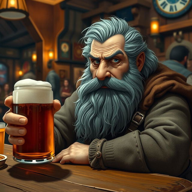 A bearded dwarf with streaks of gray in his hair, seated at a wooden table in a lively tavern, clutching a mug of frothy beer