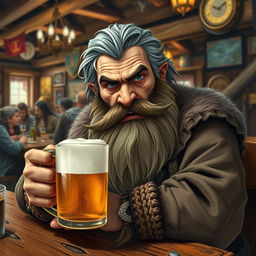 A bearded dwarf with streaks of gray in his hair, seated at a wooden table in a lively tavern, clutching a mug of frothy beer