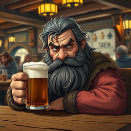 A bearded dwarf with streaks of gray in his hair, seated at a wooden table in a lively tavern, clutching a mug of frothy beer